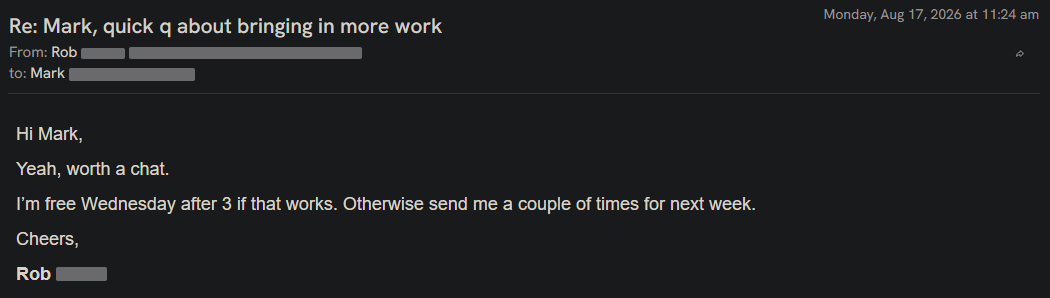 Reply screenshot: Prospect reply, client campaign