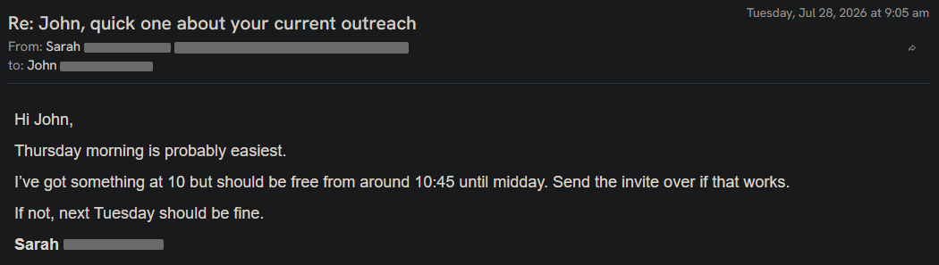 Reply screenshot: Prospect reply, client campaign