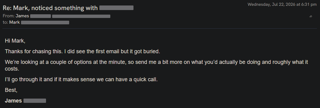 Reply screenshot: Prospect reply, client campaign