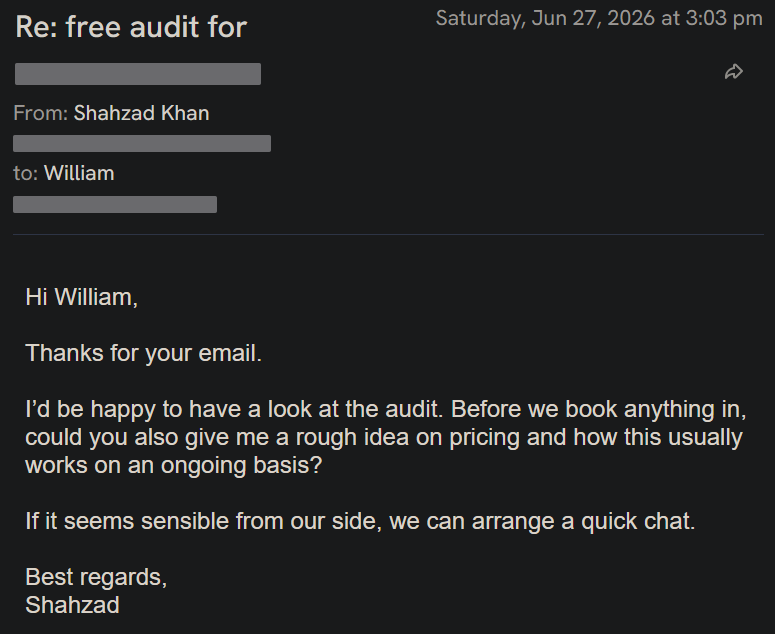 Reply screenshot: Prospect reply, client campaign
