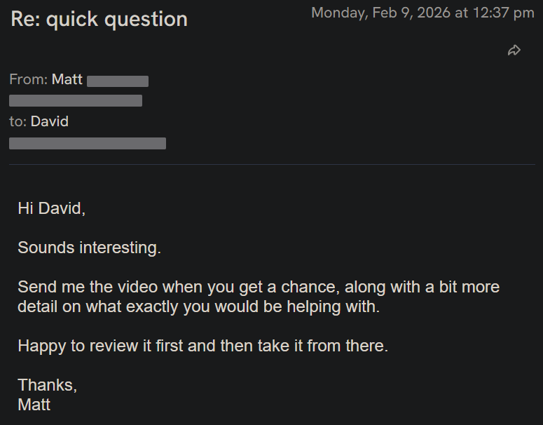 Reply screenshot: Prospect reply, client campaign