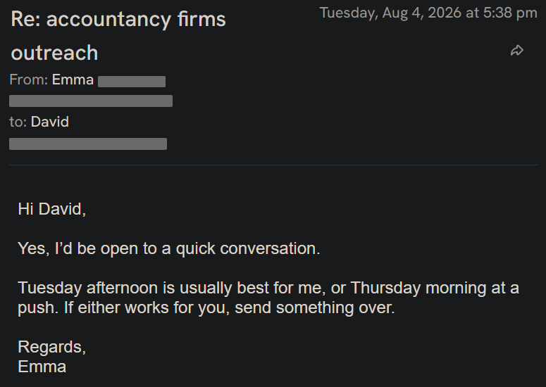 Reply screenshot: Prospect reply, client campaign