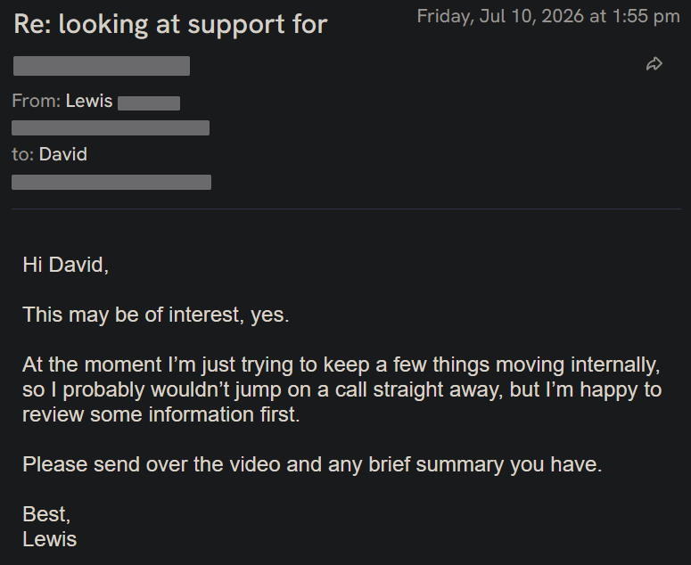 Reply screenshot: Prospect reply, client campaign