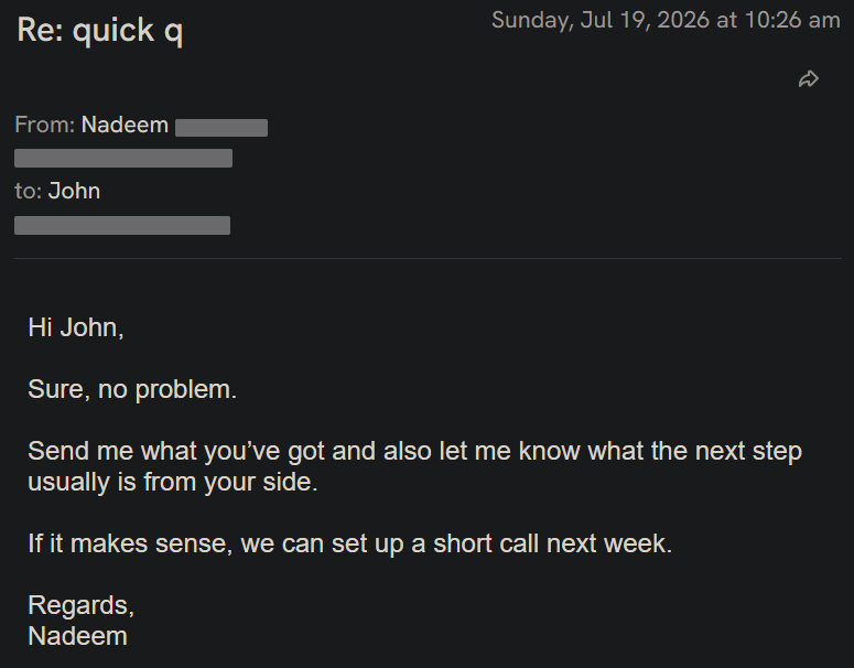 Reply screenshot: Prospect reply, client campaign