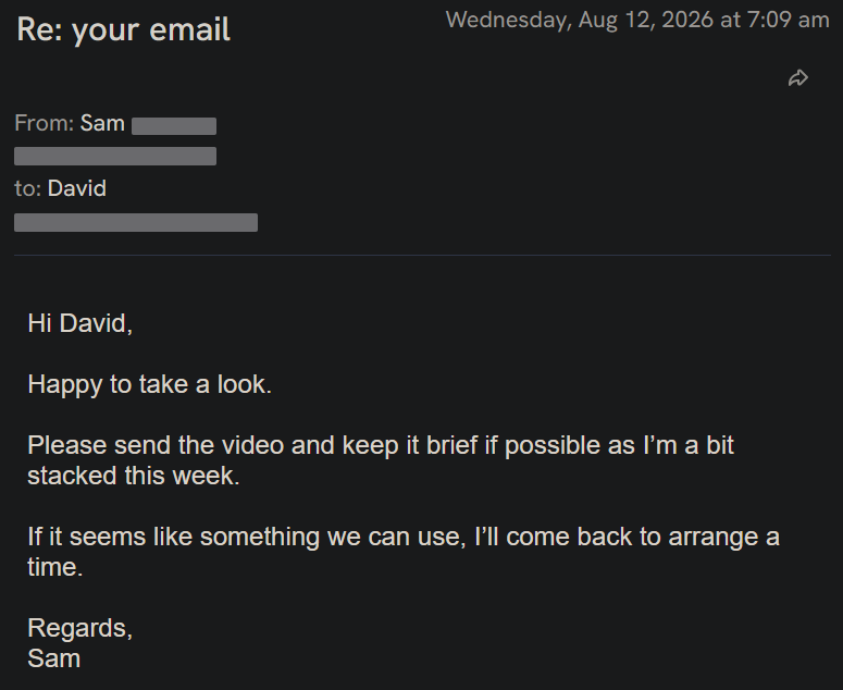 Reply screenshot: Prospect reply, client campaign