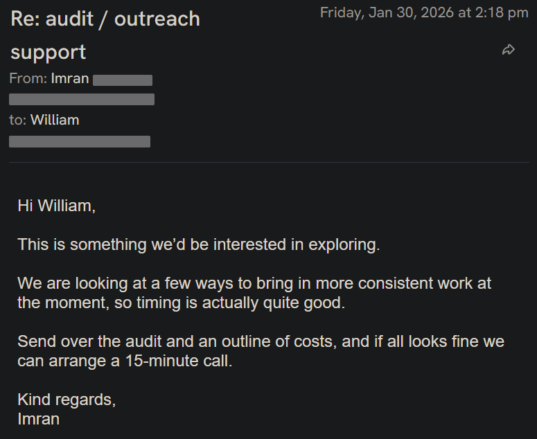 Reply screenshot: Prospect reply, client campaign
