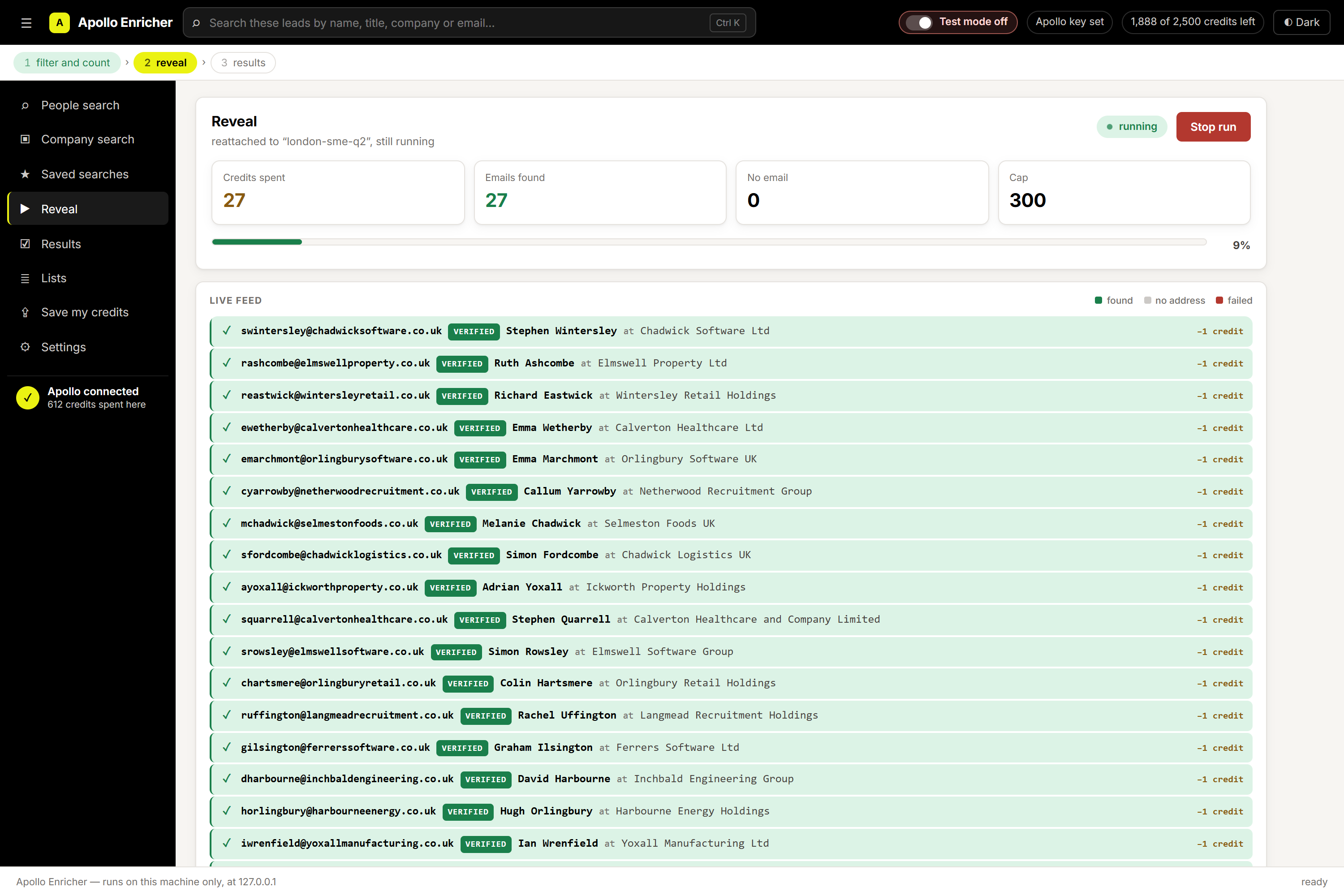 The reveal running server side, one contact at a time, with a live counter, a progress bar and a stop button